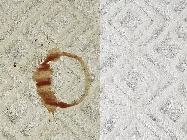 Eine Vergleichsdarstellung von einem Kaffeefleck auf einen hellen Teppich und einem gereinigten Teppich